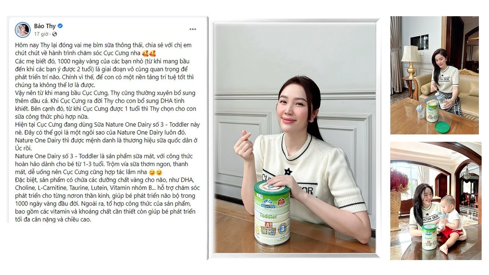 Ca sĩ Bảo Thy chia sẻ đang dùng sữa Nature One Dairy cho con.
